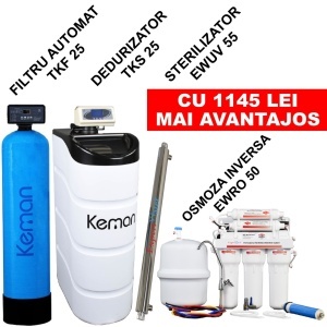 NOU – Pachet Complet Tratare Apă: Filtru Automat TKF 25 + Dedurizator TKS 25 + Sterilizator EWUV 55 + Osmoză Inversă EWRO 50 | Cel Mai Mic Preț
