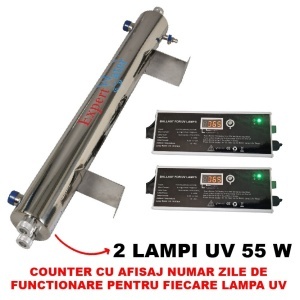 Sterilizator UV 110W pentru apă (2×55W, panou de control, contor ore, LED avertizare) – dezinfecție 99,99%.