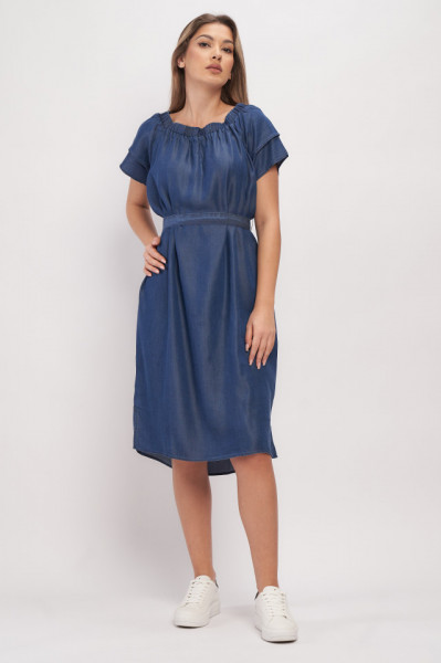 Lee Cooper - Rochie dama din denim maneca scurta cu volane si cordon in talie
