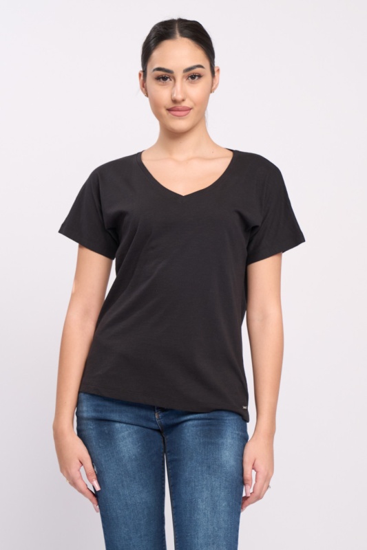 Timeout - Tricou maneca scurta dama de culoare uniforma cu decolteu in V