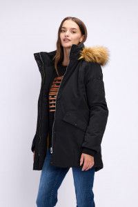 Lee Cooper - Jacheta dama cu logo pe maneca si gluga cu blana eco
