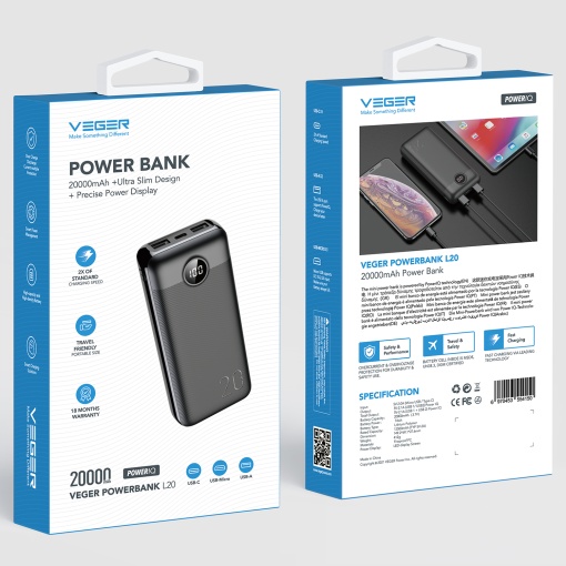 Power Bank Veger L20, 20000mAh, Display LED, Fast-Charge, Negru