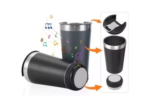 Cana tip termos cu boxa bluetooth, capacitate 500 ml, capac cu deschizator sticle, incarcare USB, lumina led, albastru