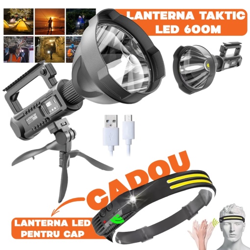 Lanterna puternica, 500 m, cu incarcare usb, si functie powerbank, trepied cadou