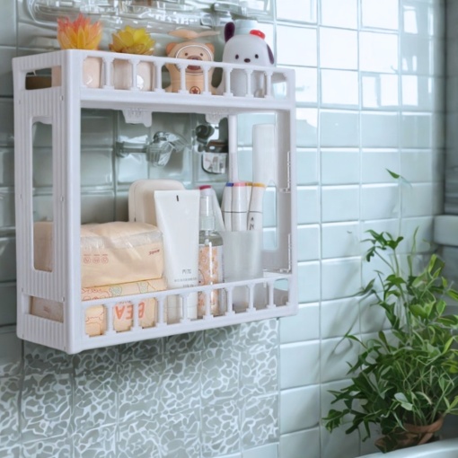1 + 1 Etajeră Baie din Plastic cu 2 Niveluri, Montaj pe Perete, 31x33x11 cm – Design Compact și Practic