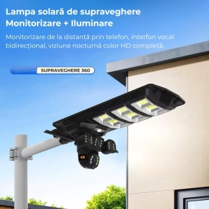 Lampa Solară LED 450W cu 3 Camere Supraveghere 4G, Slot SIM, Rotativă, 12MP — Viziune Nocturnă, Audio Bidirecțional, Detectare Mișcare, IP65 - Img 5