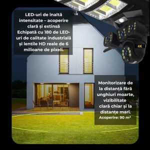 Lampa Solară LED 450W cu 3 Camere Supraveghere 4G, Slot SIM, Rotativă, 12MP — Viziune Nocturnă, Audio Bidirecțional, Detectare Mișcare, IP65 - Img 7