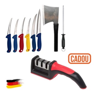 SET CUȚITE INDUSTRIALE MĂCELARIE, 6 CUȚITE + SATÂR + MASAT + APARAT ASCUTIT CUTITE CADOU - Img 1