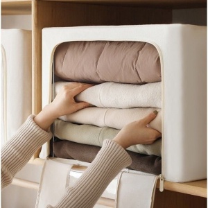 1 + 1 Cutie de Depozitare Pliabilă Crem, 66L – Textil Premium, Fereastră, Fermoar Dublu, Cadru Metalic, 50x40x33 cm - Img 5