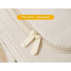 1 + 1 Cutie de Depozitare Pliabilă Crem, 66L – Textil Premium, Fereastră, Fermoar Dublu, Cadru Metalic, 50x40x33 cm - Img 6