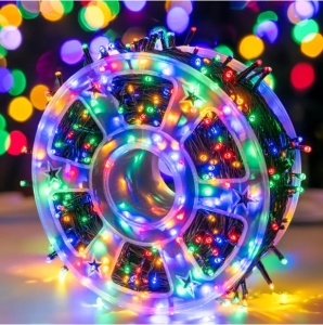 Rola Instalatie de Craciun Liniara , 8 Jocuri de Lumini Interschimbabile, Alimentare La Priza Pentru Interior/Exterior, Rola 80m, Fir Negru, Multicolor - Img 3