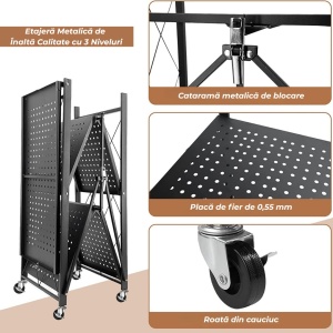 Raft Metalic Pliabil cu 3 Etajere – Preasamblat, Suport 250 kg, cu Roți 360° - Img 2