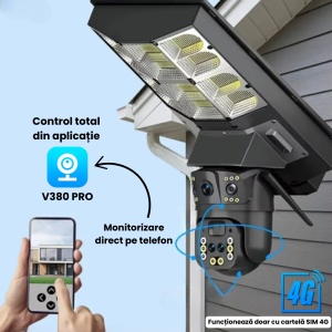 Lampă Solară cu Cameră de Supraveghere AI 4G V380 – 4MP, PTZ Inteligent, LED Puternic, Interfon Bidirecțional - Img 3