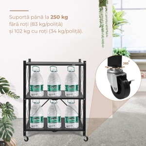 Raft Metalic Pliabil cu 3 Etajere – Preasamblat, Suport 250 kg, cu Roți 360° - Img 3