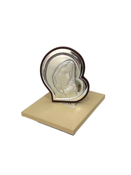 Icoana Placata Cu Argint Maica Domnului Si Pruncul In Forma De Inima Stilizata H30CM