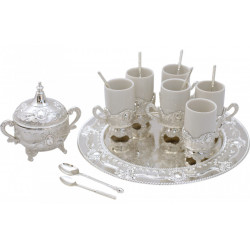 Set 6 Cani Din Portelan Cu Tava, Lingurite Si Zaharnita Argintata by gimina