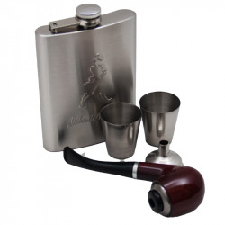 Set recipient tuica pahare si palnie din inox alaturi de pipa din lemn