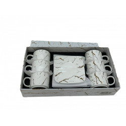 Set 6 Cani cu farfurii patrate albe marmorate cu auriu