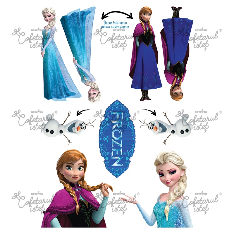 Vafa imprimata Frozen Model 1, 9 Decoruri fata-verso Topper Ø 7 - 12 cm, A4 - Cofetarul Istet