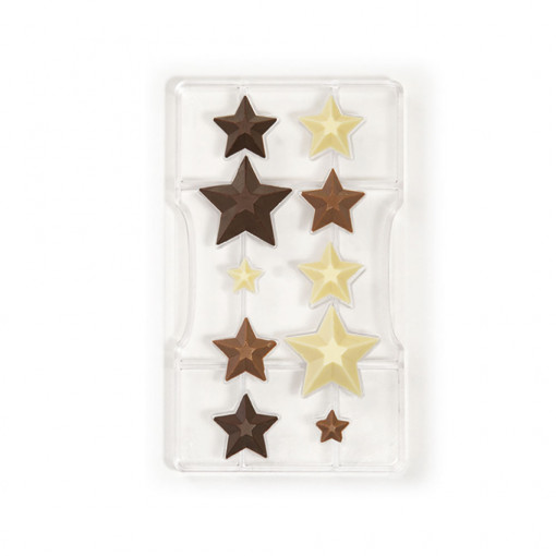 Polikarbonát csokoládéforma, csillagok Ø2 - 3.5 - 3.5 - 5cm, 10 rovátkolt, 20x12xH2.2cm