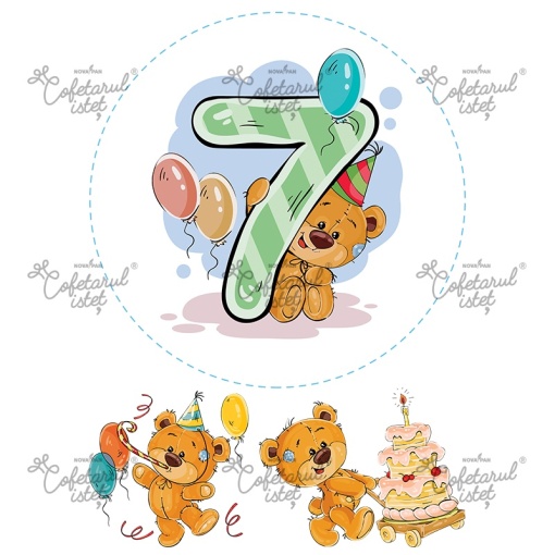 Printed Sugar Paste 7 Years Anniversary, Ø 20 cm and 2 Decorations Ø 10 and 11.5 cm, A4 - Confectioner Istet