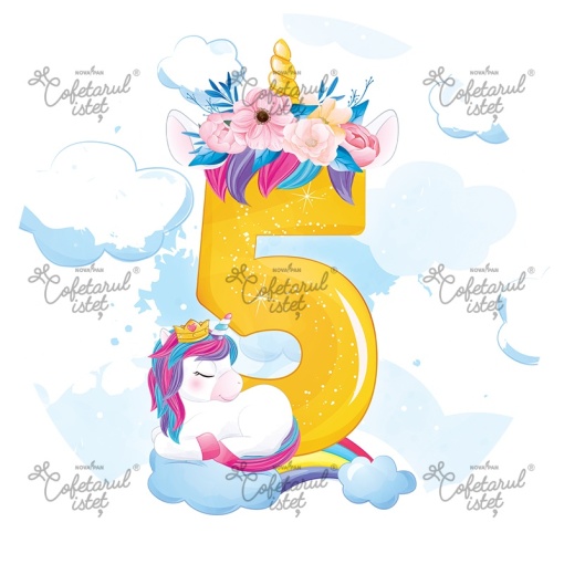 Printed Sugar Paste Anniversary 5 Years Unicorn Model 3, Ø 20 cm - Cofetarul Istet - Img 1