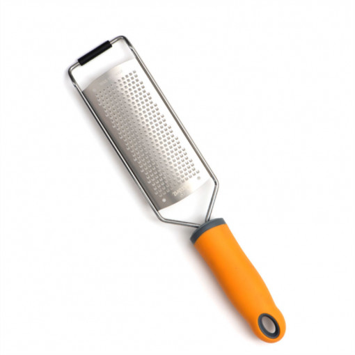 Stainless steel razor with flat blade and orange non-slip handle, 31 x 6.5 cm