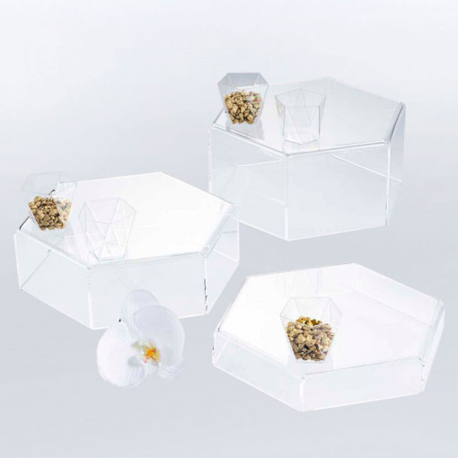 Suport Bufet Plexiglas Transparent Hexagon Mosaic kit 3 buc Ø 24 x H 4.6, 8.5, 12.5 cm