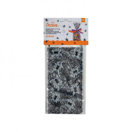 Bags S with Base, Cellophane with Spider Pattern, 12.5 x 3 x H 24 cm, Set 20 pcs