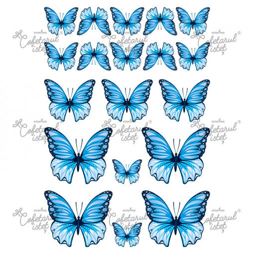 Printed Sugar Paste Butterflies Model 3 Blue, 19 Decorations Ø 3.5 - 8 cm, A4 - Confectioner Istet