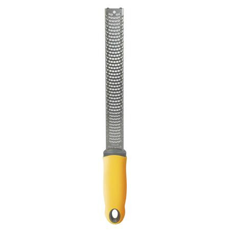Stainless steel razor with narrow blade and yellow non-slip handle, 31 x 2.5 cm