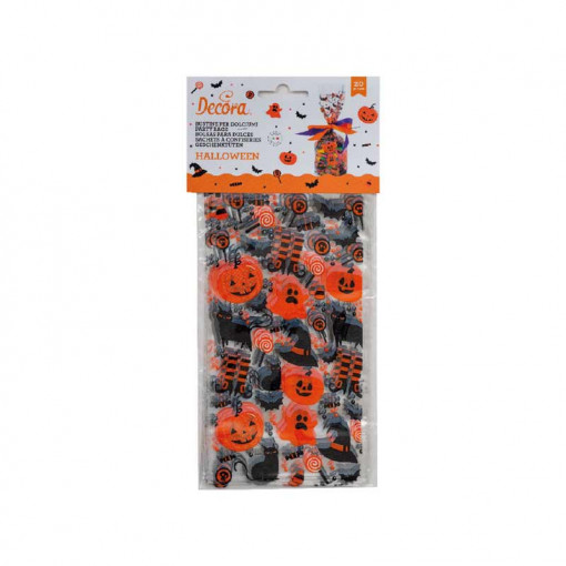 Bags S with Base, Cellophane with Haloween Pattern, 12.5 x 3 x H 24 cm, Set of 20 pcs