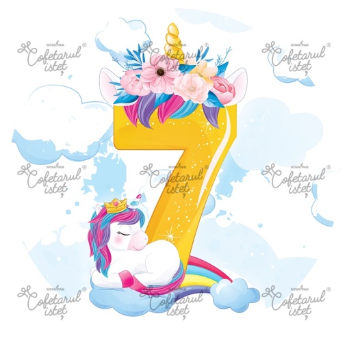 Printed Sugar Paste Anniversary 7 Years Unicorn Model 3, Ø 20 cm - Cofetarul Istet