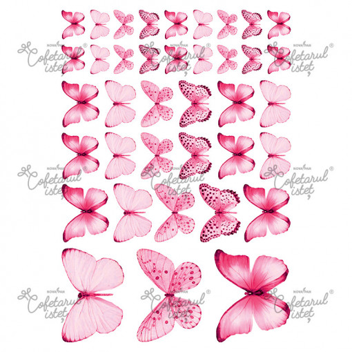 Printed Sugar Paste Butterflies Model 1 Pink, 38 Decorations Ø 2.5 - 8 cm, A4 - Confectioner Istet