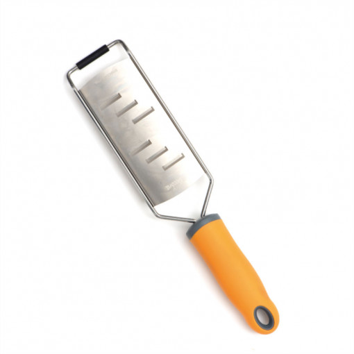 Stainless steel razor with flat blade and orange non-slip handle, 31 x 6.5 cm