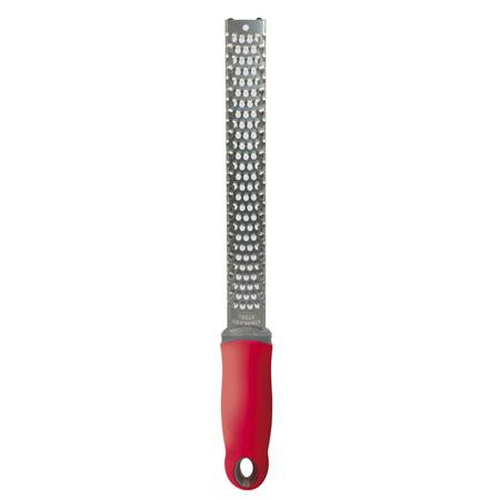 Stainless steel razor with narrow blade and red non-slip handle, 31 x 2.5 cm