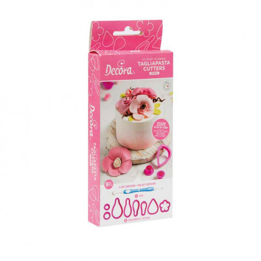 Primava Flowers Kit - 8 Cutters, 1 Sugarpaste modelling utensil, Working Techniques