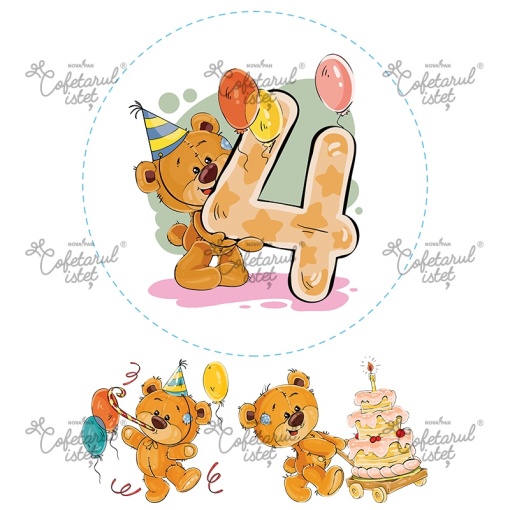 Printed Sugar Paste 4 Years Anniversary, Ø 20 cm and 2 Decorations Ø 10 and 11.5 cm, A4 - Confectionary Istet