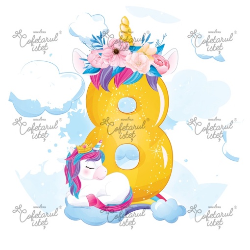 Printed Sugar Paste Anniversary 8 Years Unicorn Model 3, Ø 20 cm - Cofetarul Istet