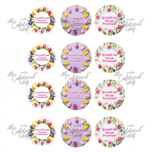 Printed Sugar Paste For Her, 8 March Model 11, 12 Decorations Ø 6 cm, A4 - Confectioner Istet