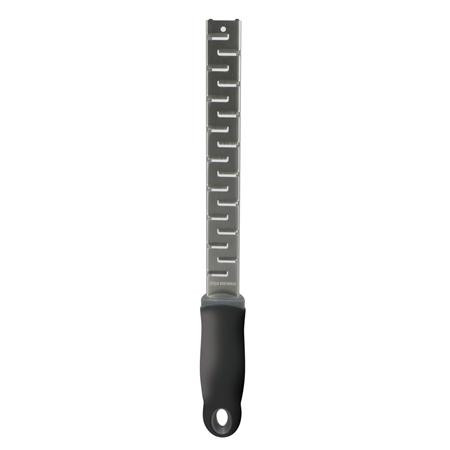 Stainless steel razor with narrow blade and black non-slip handle, 31 x 2.5 cm