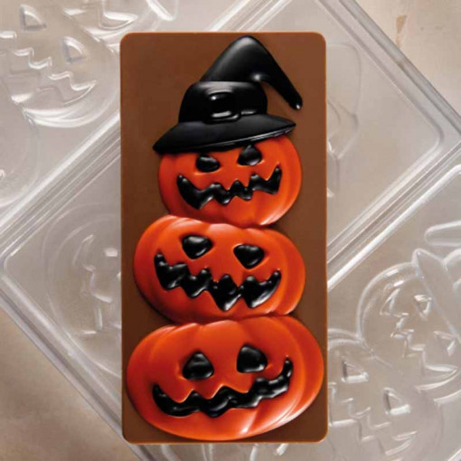 Csokoládétáblák 15,4 x 7,7 x H 1,5 cm - Halloween polikarbonát forma, 3 üreggel