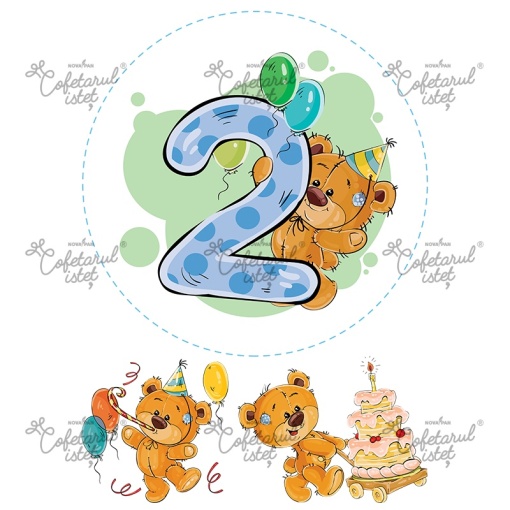 Nyomtatott ostya évforduló 2 év, Ø 20 cm és 2 db Ø 10 és 11,5 cm-es díszítés, A4 - Cukrászda Istet