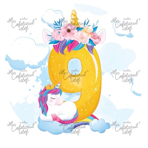 Printed Sugar Paste Anniversary 9 Years Unicorn Model 3, Ø 20 cm - Cofetarul Istet