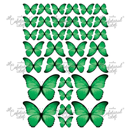 Printed Sugar Paste Butterflies Model 2 Green, 34 Decorations Ø 3.5 - 8.5 cm, A4 - Confectioner Istet