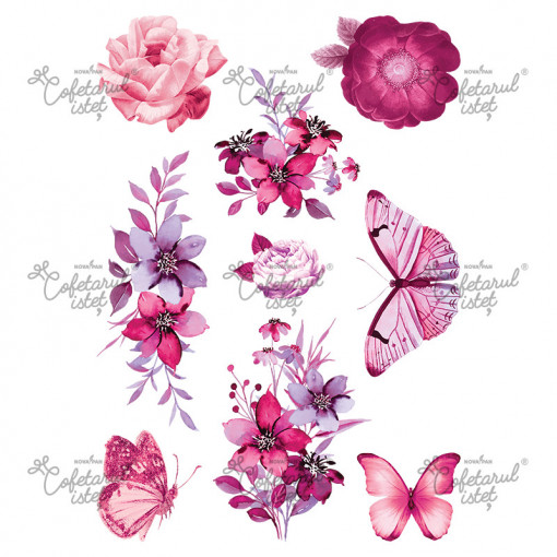 Printed Vase Flowers and Butterflies Model 1, 9 Decorations Ø 5 - 15 cm, A4 - Confectioner Istet