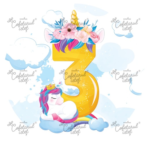 Printed Wafer Anniversary 3 Years Unicorn Model 5, Ø 20 cm - Confectioner Istet