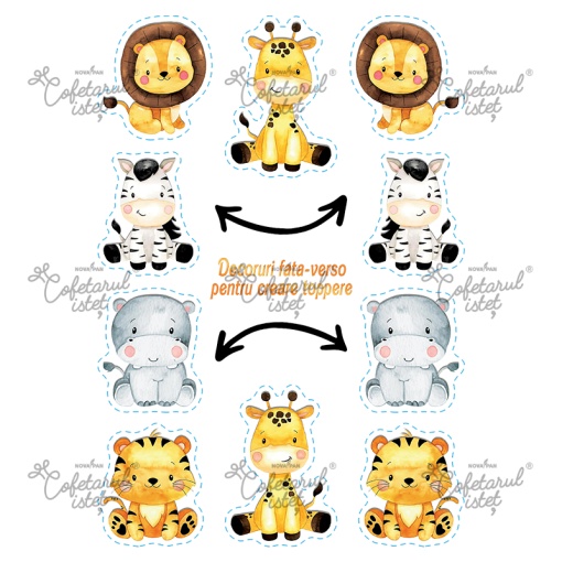 Printed waffle Baby Jungle Model 3, 5 decorations front and back Topper Ø 1 - 8 cm, A4 - Confectioner Istet