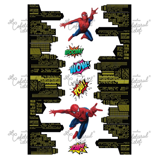 Захарна паста с печат SpiderMan Model 1, 6 декорации Ø 3,5-10 см и страничен декор, A4 - Сладкарски изделия