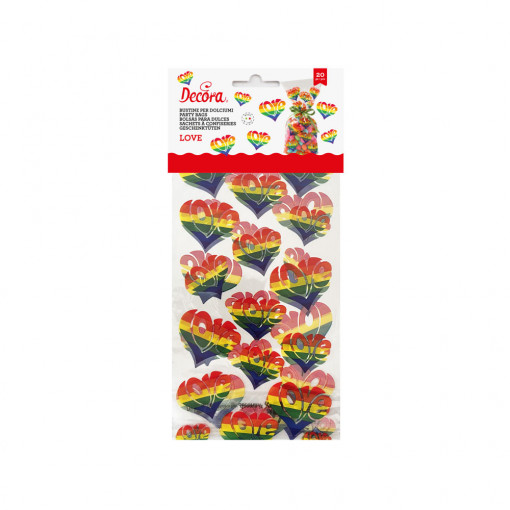 Bags S with Base, Cellophane with Love Pattern, 12.5 x 3 x H 24 cm, Set of 20 pcs